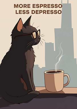 More Espresso Less Depresso Cat with Glasses and Coffee