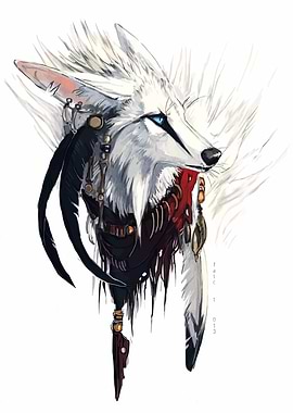 White Wolf with Feathers and Beads