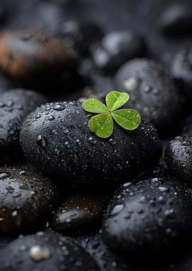 Clover on Wet Black Stones