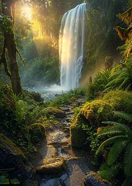 Ancient Waterfall Stone Path Mist