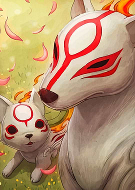 Okami Amaterasu and Chibiterasu Digital Art