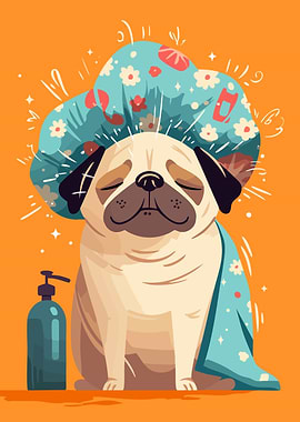 Funny Pug in Shower Cap Illustration Dog Art