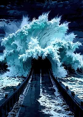 Ocean Wave Crashing Over Road