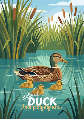 Mallard Duck and Ducklings Illustration