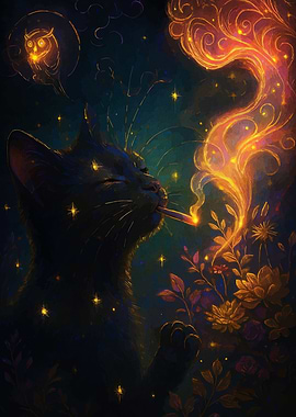 Mystical Cat Smoking with Owl