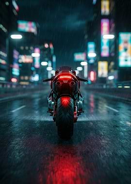 Motorcycle in Rainy Cyberpunk Cityscape