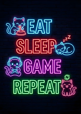 Eat Sleep Game Repeat Neon Cats