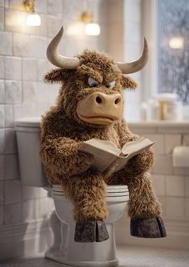 Grumpy Bull Reading on Toilet