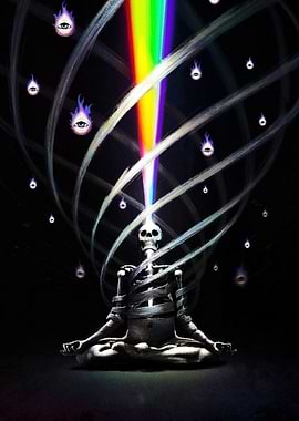 Meditating Skeleton with Rainbow Beam