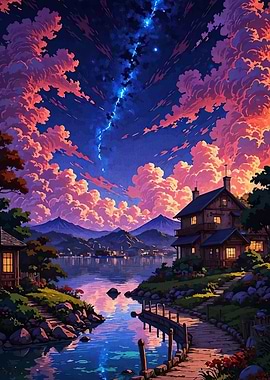 Lakeside Houses with Colorful Sky