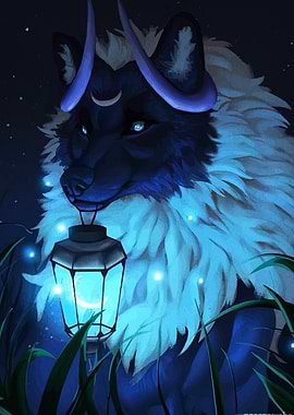 Horned Wolf with Lantern Digital Art