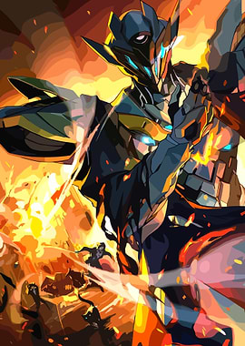 Futuristic Robot in Fiery Battle Scene