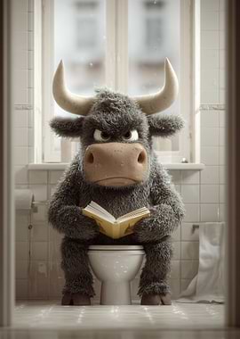 Grumpy Bull Reading on Toilet