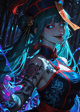 Cyan-haired woman in traditional dress