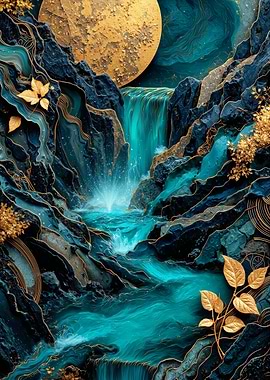 Teal Waterfall with Golden Moon