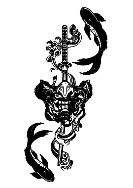 Samurai Mask, Sword, and Koi Fish
