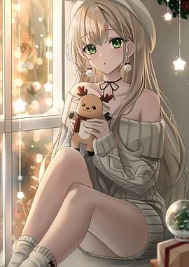 Anime Girl with Reindeer Plushie