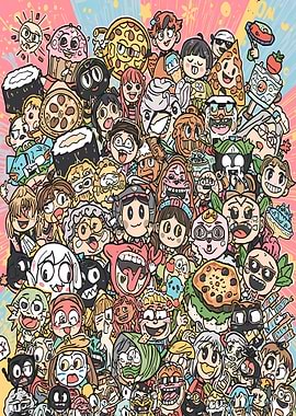 Cartoon Crowd with Food Elements