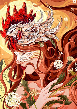 Rooster Headdress Woman with Dandelions