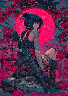 Cyberpunk Girl with Gun and Moon Cherryblossom