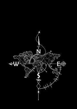 World Map Compass White on Black