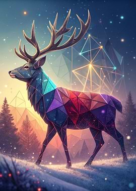 Geometric Deer in Winter Landscape