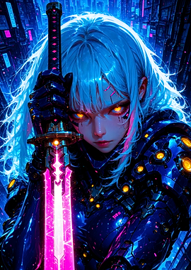 Cyberpunk Warrior with Glowing Sword