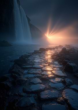 Waterfall and Stone Path at Sunset