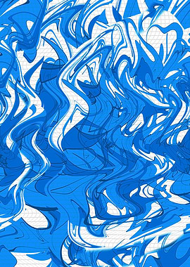 Blue Abstract Swirls on White Grid D1