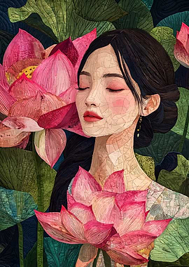 Woman with Lotus Flowers Art