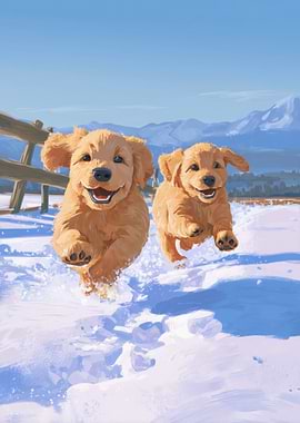 Golden Retrievers Playing in Snow