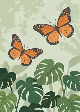 Monarch Butterflies and Monstera Leaves