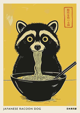 Raccoon Dog Eating Ramen Noodles