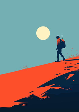 Lone Hiker Minimalist Art Illustration