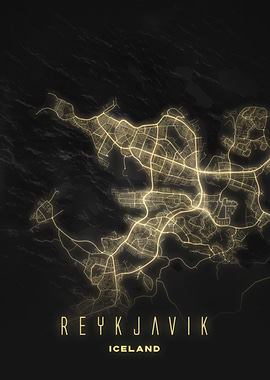 Reykjavik, Iceland - Glowing Night City Map Poster, Modern Wall Art