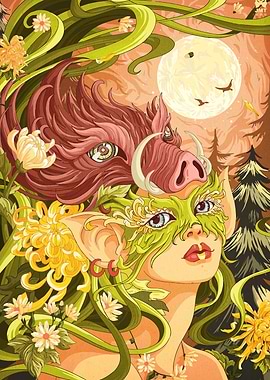 Floral Forest Spirit with Boar