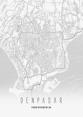 Minimalist Denpasar, Indonesia - Coastal City Map Poster, Monochrome Urban Wall Art