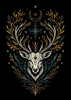 Yule Deer with Floral and Celestial Elements