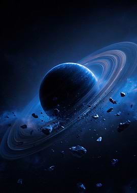 Blue Ringed Planet with Asteroids