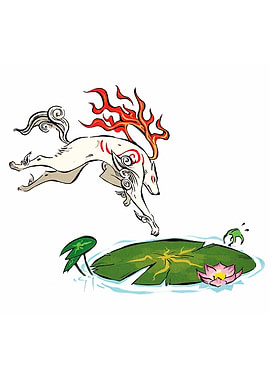 Okami Amaterasu leaping over lily pads
