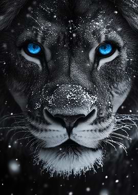 Lion with Blue Eyes in Snow