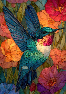 Hummingbird and Flowers Stained Glass Style