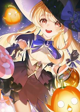 Anime Witch Girl with Pumpkins