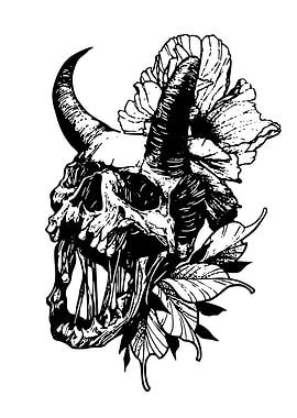 Floral Skull with Horns Illustration