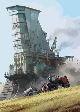 Steampunk Building with Tractor Illustration