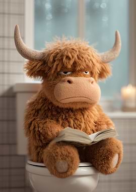 Stuffed Highland Cow Reading on Toilet