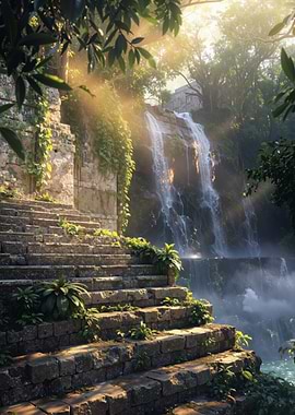 Misty Waterfall Stone Path