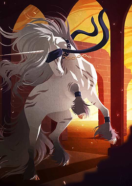 Blindfolded Unicorn in Arched Hallway