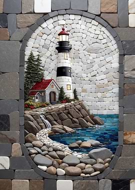 Lighthouse and Cottage Stone Mosaic Art