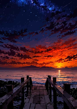 Sunset over the ocean with dock